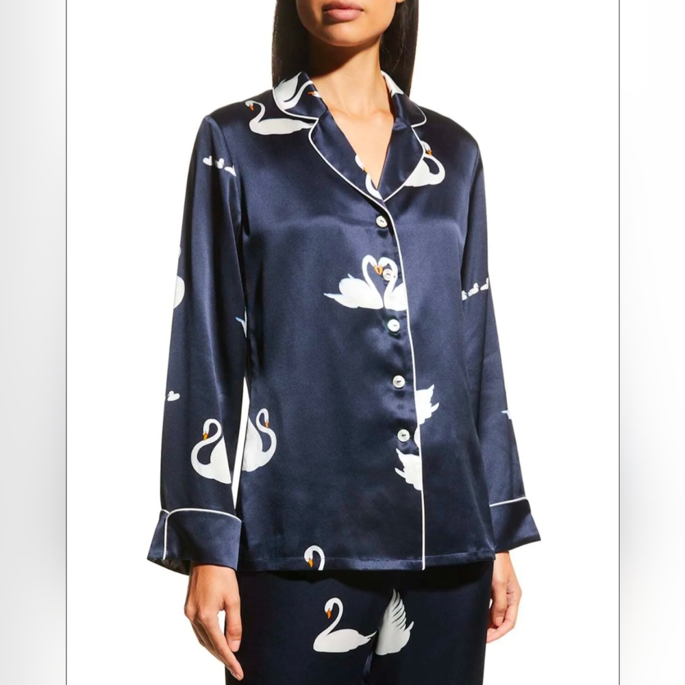 Olivia von Halle Lila Duet Swan Silk Pajama Set With Robe, Navy, SZ S/OS - Picture 3 of 16